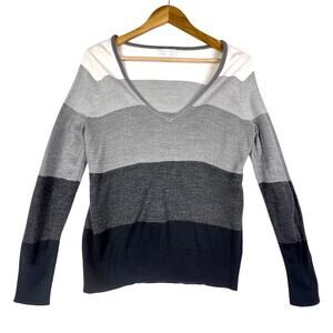 NY&C Neutral Color Block Striped Long Sleeve V Neck Light Sweater M